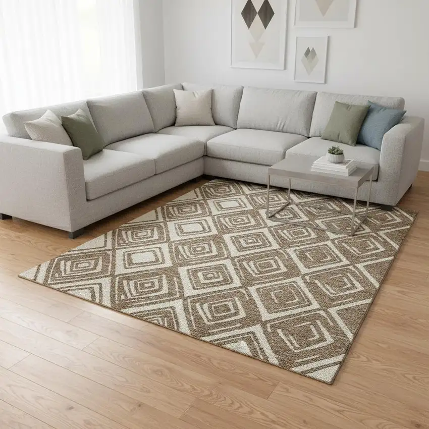 Brown And Beige Geometric Washable Area Rug With UV Protection Photo 2