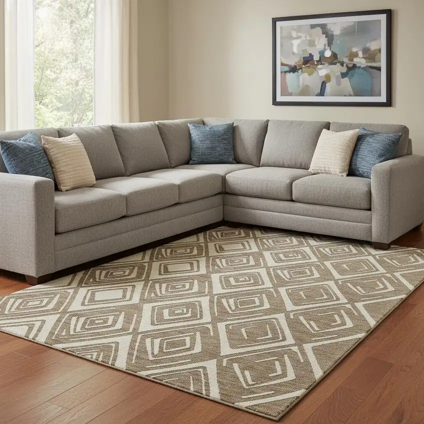 Brown And Beige Geometric Washable Area Rug With UV Protection Photo 1