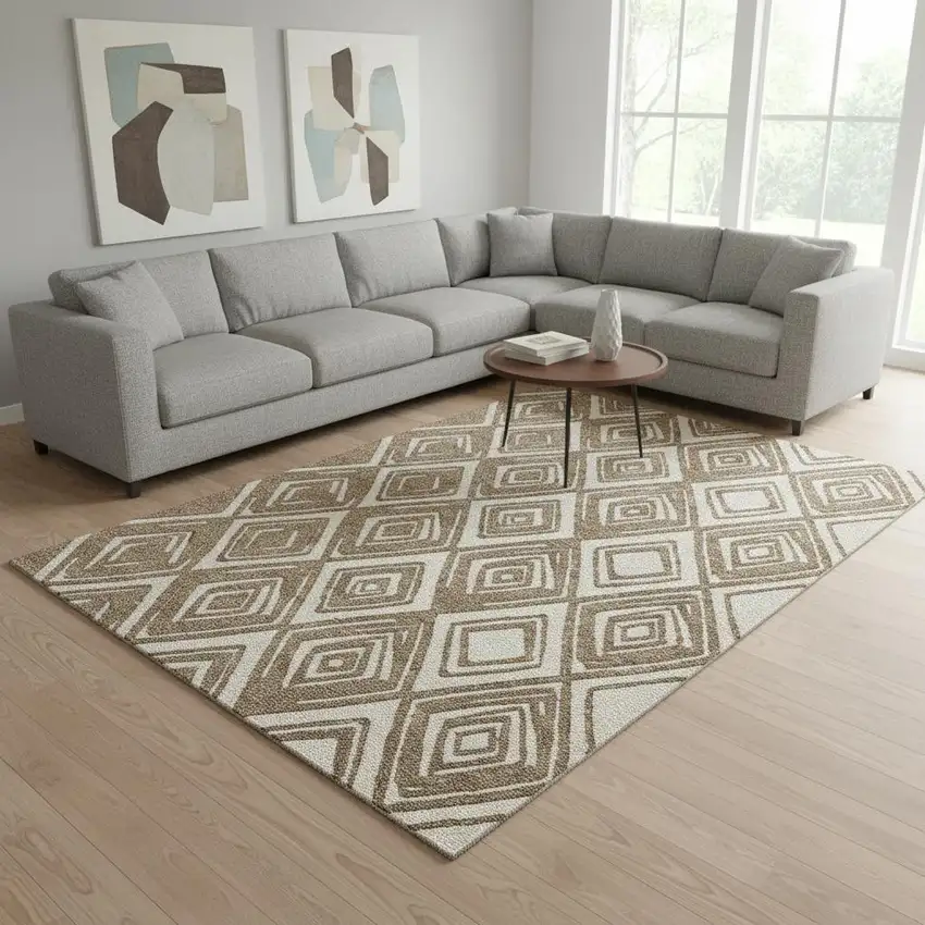 Brown And Beige Geometric Washable Area Rug With UV Protection Photo 2