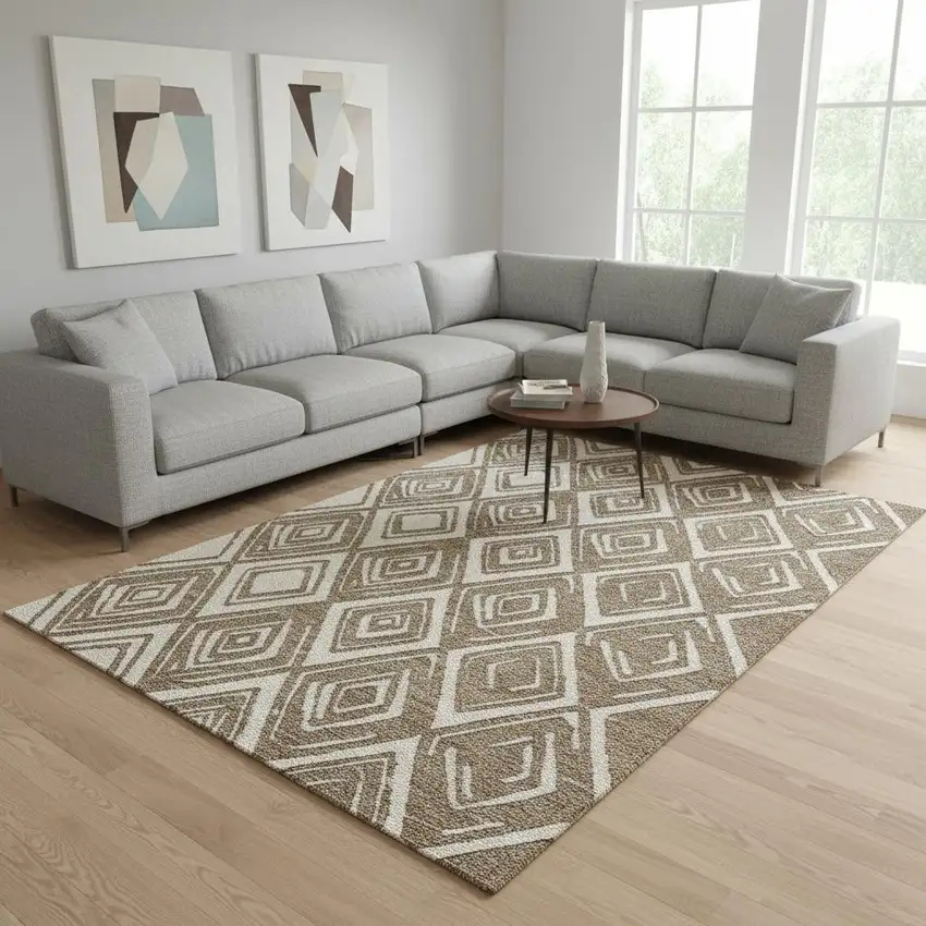 Brown And Beige Geometric Washable Area Rug With UV Protection Photo 2