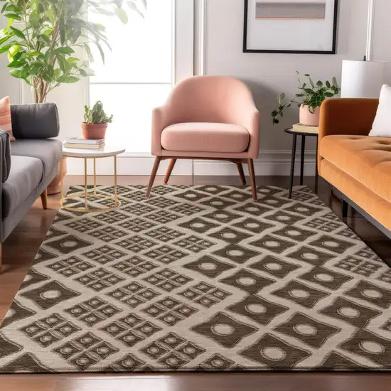 Brown And Beige Geometric Washable Area Rug With UV Protection Photo 6