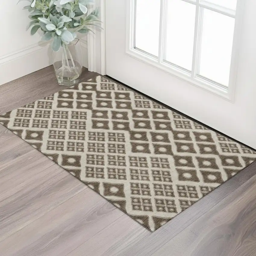 Brown And Beige Geometric Washable Area Rug With UV Protection Photo 1