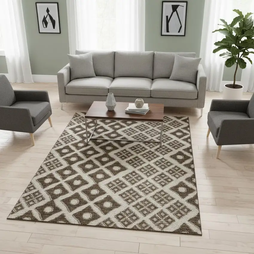 Brown And Beige Geometric Washable Area Rug With UV Protection Photo 1