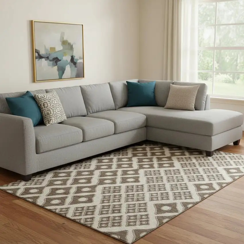 Brown And Beige Geometric Washable Area Rug With UV Protection Photo 1