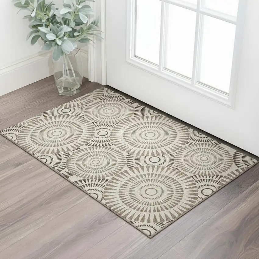 Brown And Beige Geometric Washable Area Rug With UV Protection Photo 1