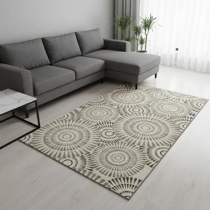 Brown And Beige Geometric Washable Area Rug With UV Protection Photo 2