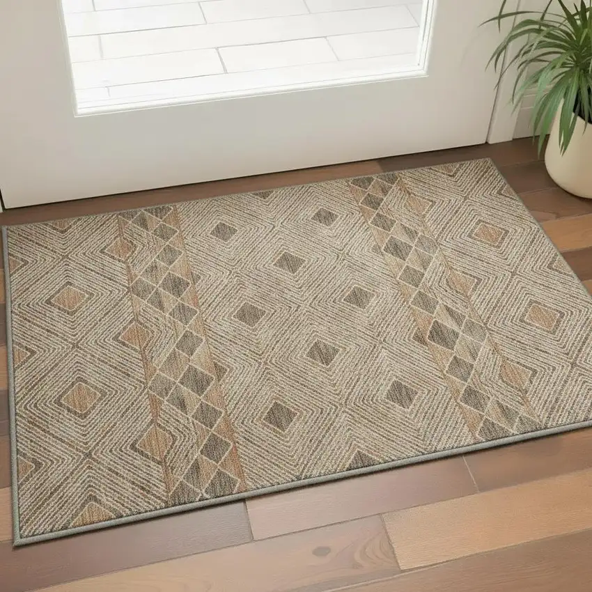 Brown And Beige Geometric Washable Area Rug With UV Protection Photo 2