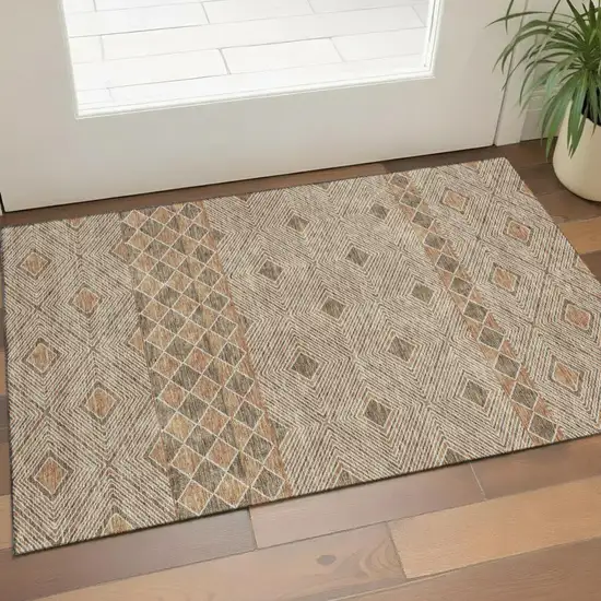 Brown And Beige Geometric Washable Area Rug With UV Protection Photo 1