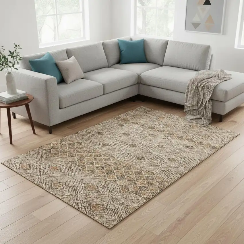 Brown And Beige Geometric Washable Area Rug With UV Protection Photo 2