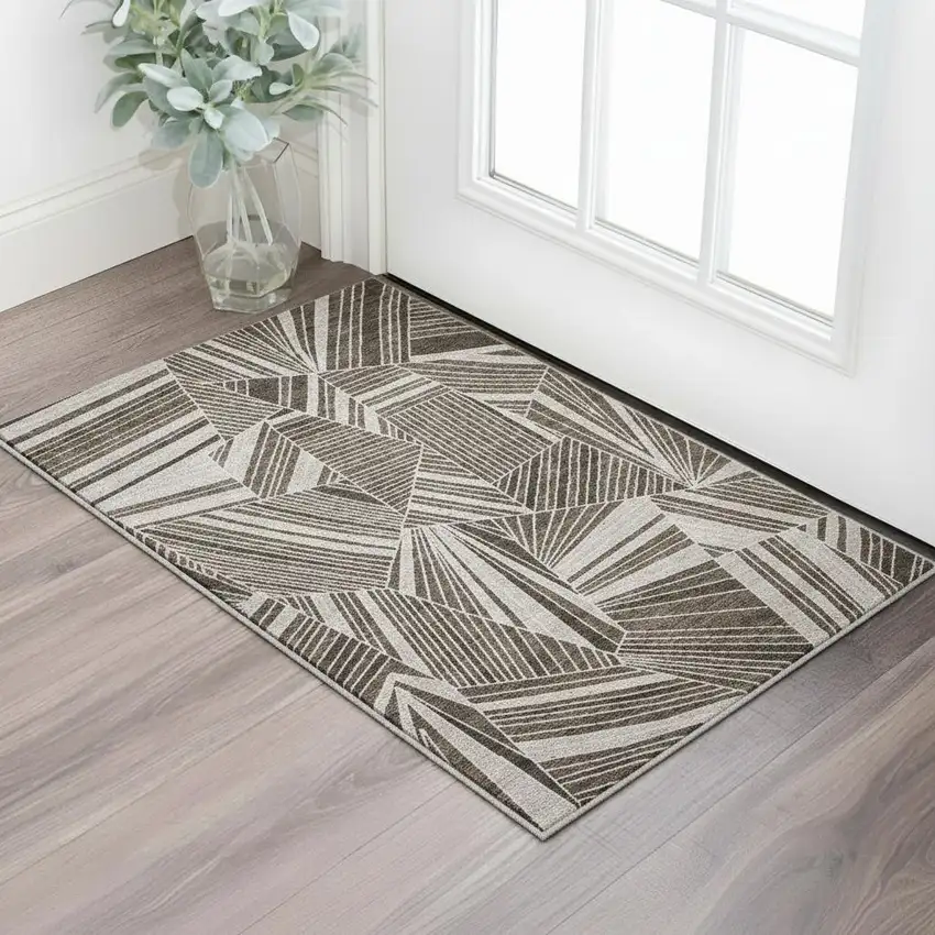Brown And Beige Geometric Washable Area Rug With UV Protection Photo 2