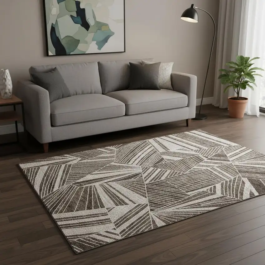 Brown And Beige Geometric Washable Area Rug With UV Protection Photo 2