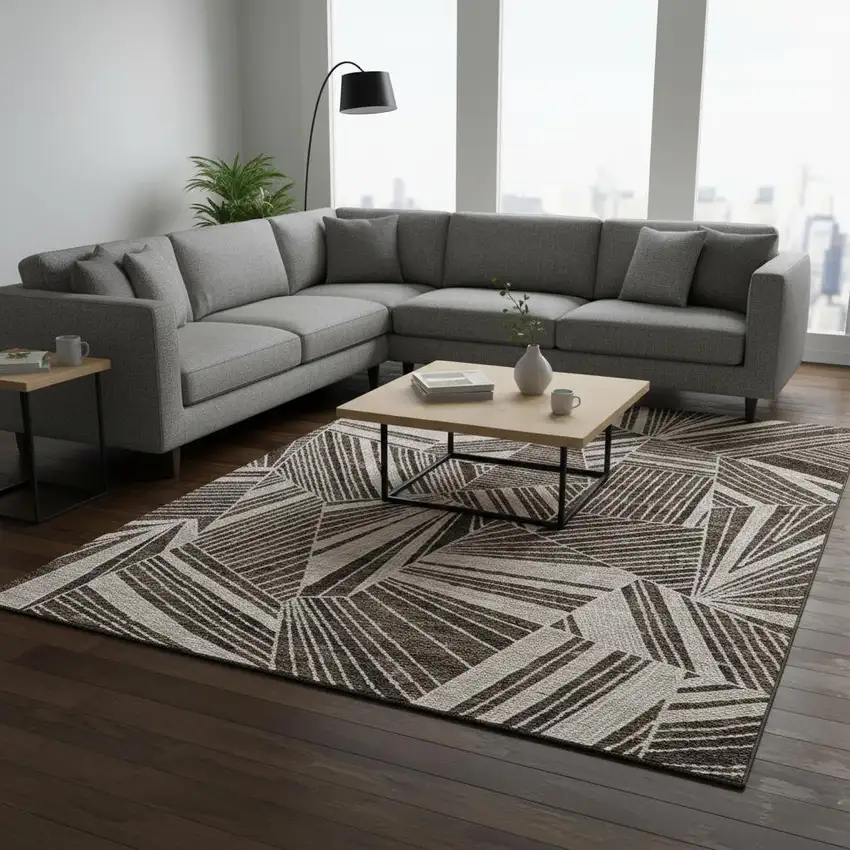 Brown And Beige Geometric Washable Area Rug With UV Protection Photo 2