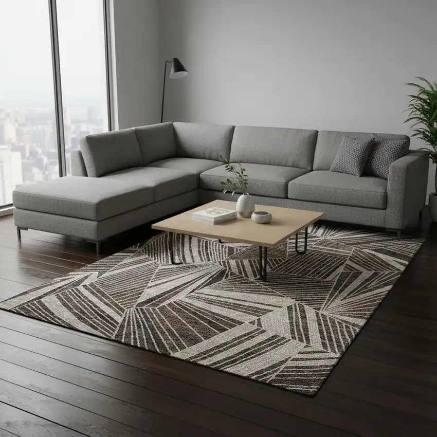 Brown And Beige Geometric Washable Area Rug With UV Protection Photo 2