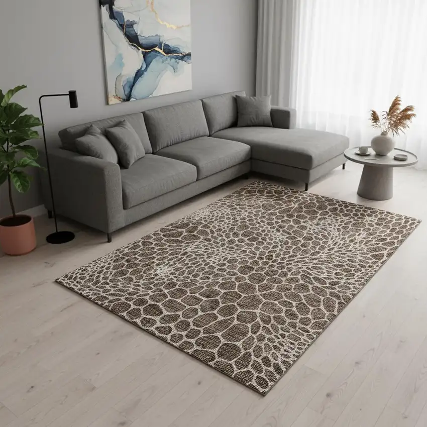 Brown And Beige Geometric Washable Area Rug With UV Protection Photo 2