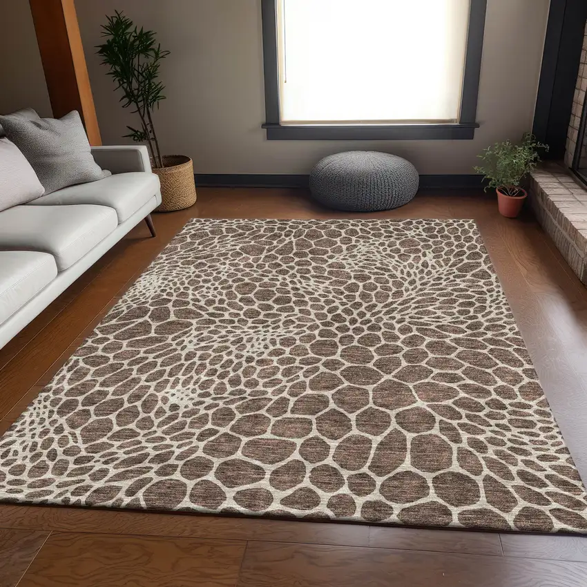 Brown And Beige Geometric Washable Area Rug With UV Protection Photo 5