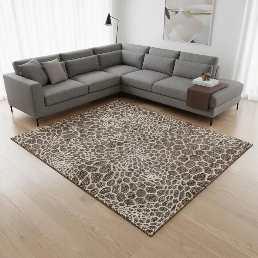 Brown And Beige Geometric Washable Area Rug With UV Protection Photo 2