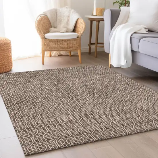 Brown And Beige Geometric Washable Area Rug With UV Protection Photo 4