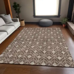 Photo of Brown And Beige Geometric Washable Area Rug With UV Protection