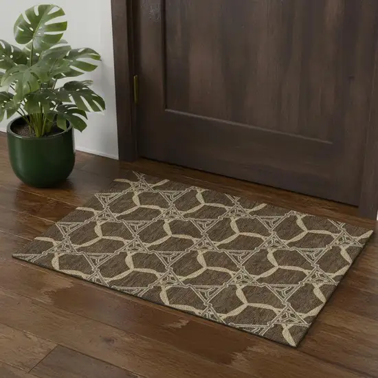 Brown And Beige Geometric Washable Area Rug With UV Protection Photo 1