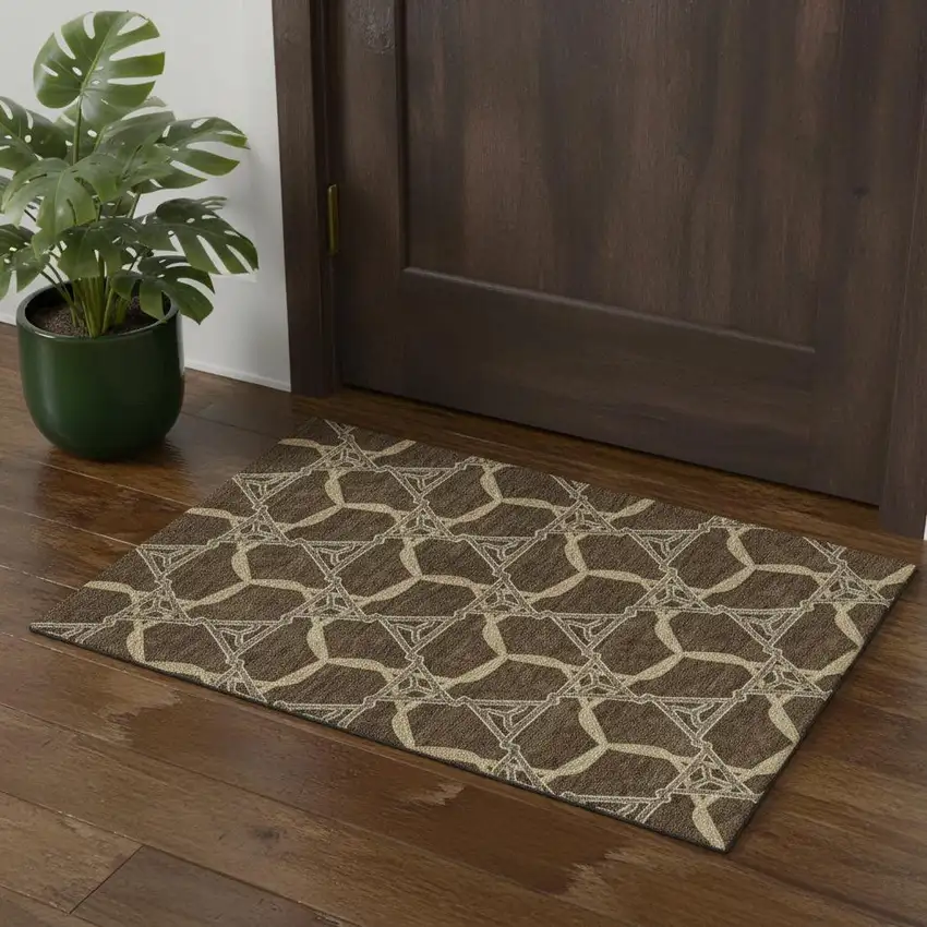 Brown And Beige Geometric Washable Area Rug With UV Protection Photo 1
