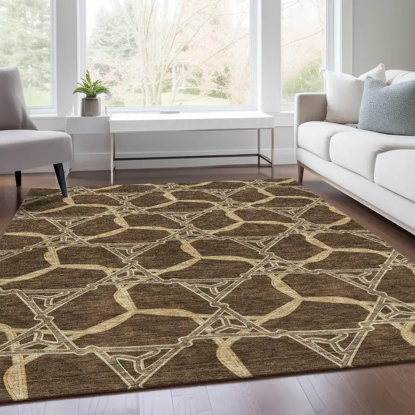 Brown And Beige Geometric Washable Area Rug With UV Protection Photo 4