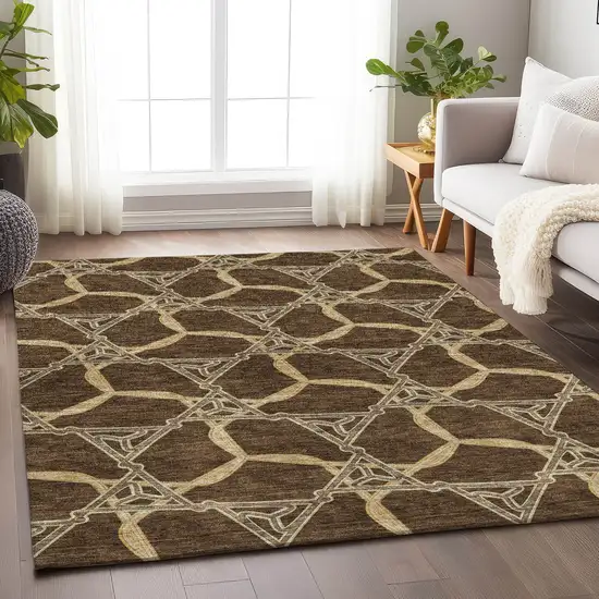 Brown And Beige Geometric Washable Area Rug With UV Protection Photo 3