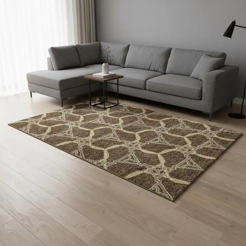 Brown And Beige Geometric Washable Area Rug With UV Protection Photo 2