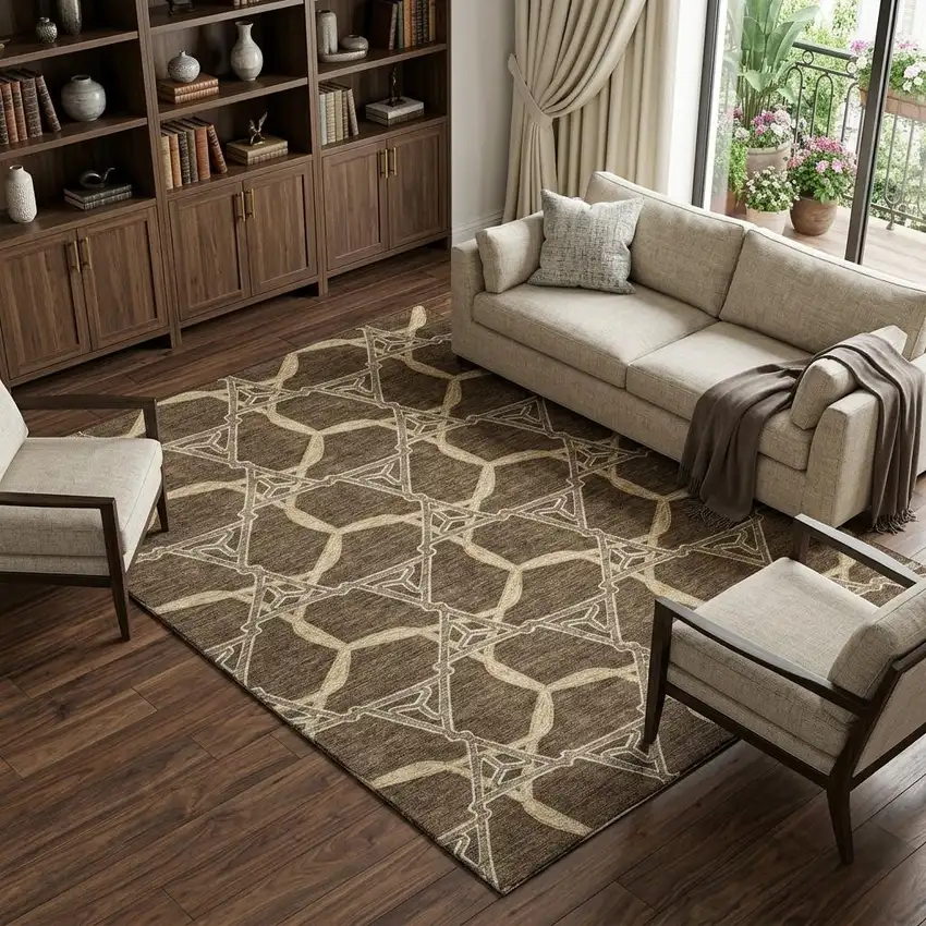 Brown And Beige Geometric Washable Area Rug With UV Protection Photo 1
