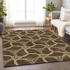 Photo of Brown And Beige Geometric Washable Area Rug With UV Protection