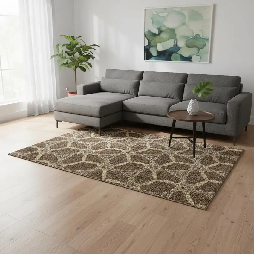 Brown And Beige Geometric Washable Area Rug With UV Protection Photo 2