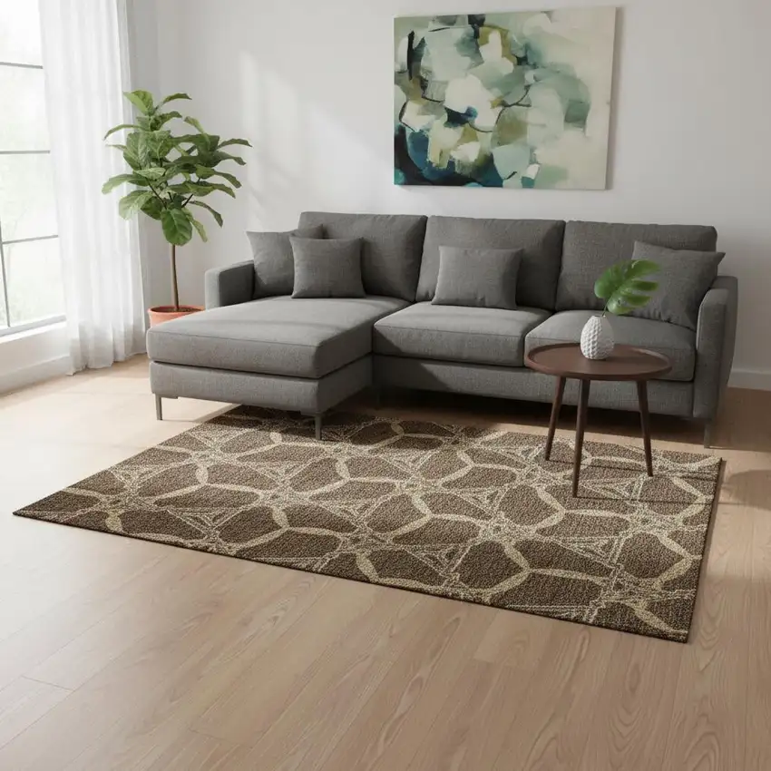 Brown And Beige Geometric Washable Area Rug With UV Protection Photo 2