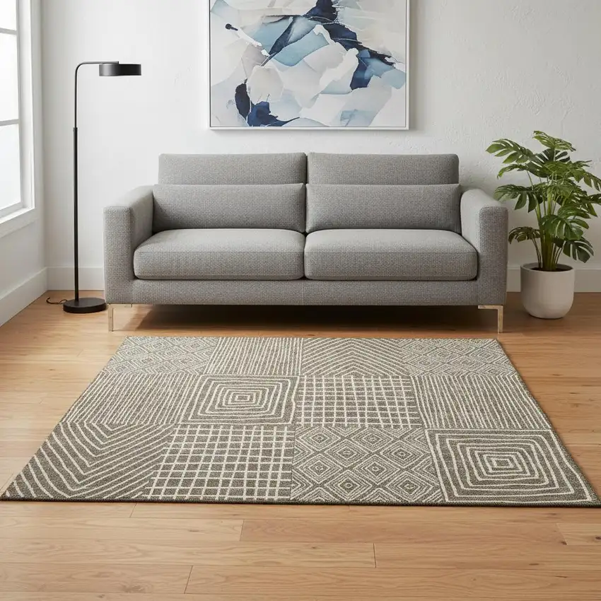 Brown And Beige Geometric Washable Area Rug With UV Protection Photo 2