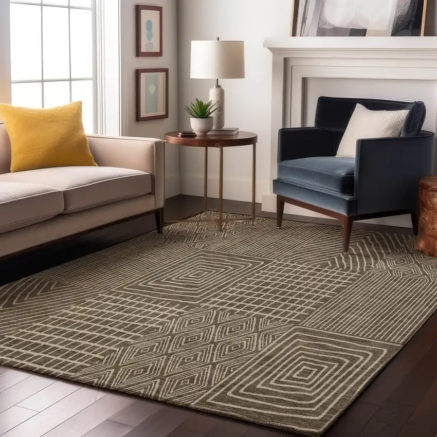 Brown And Beige Geometric Washable Area Rug With UV Protection Photo 4