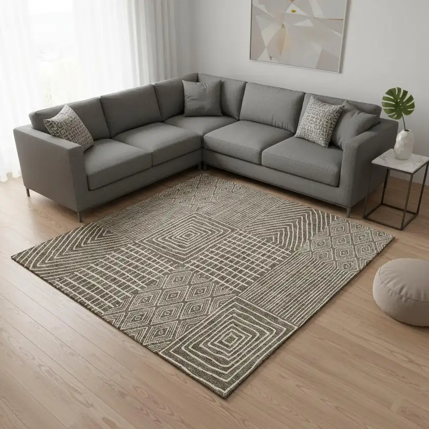 Brown And Beige Geometric Washable Area Rug With UV Protection Photo 2