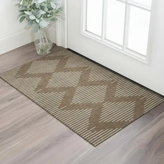 Brown And Beige Geometric Washable Area Rug With UV Protection Photo 2