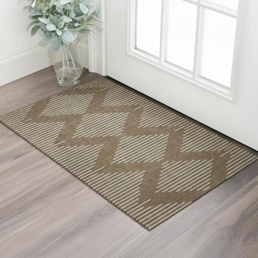 Brown And Beige Geometric Washable Area Rug With UV Protection Photo 2