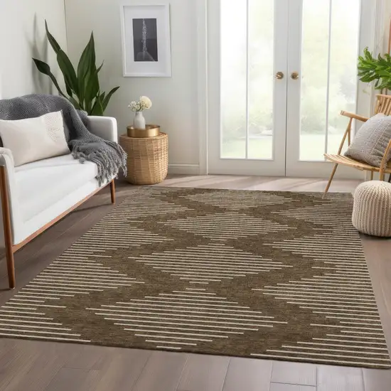 Brown And Beige Geometric Washable Area Rug With UV Protection Photo 4
