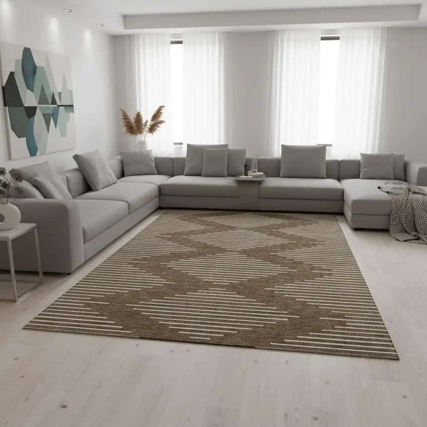 Brown And Beige Geometric Washable Area Rug With UV Protection Photo 2