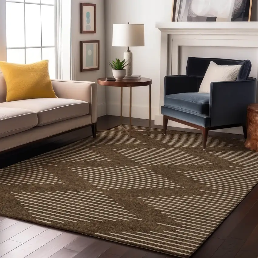 Brown And Beige Geometric Washable Area Rug With UV Protection Photo 4