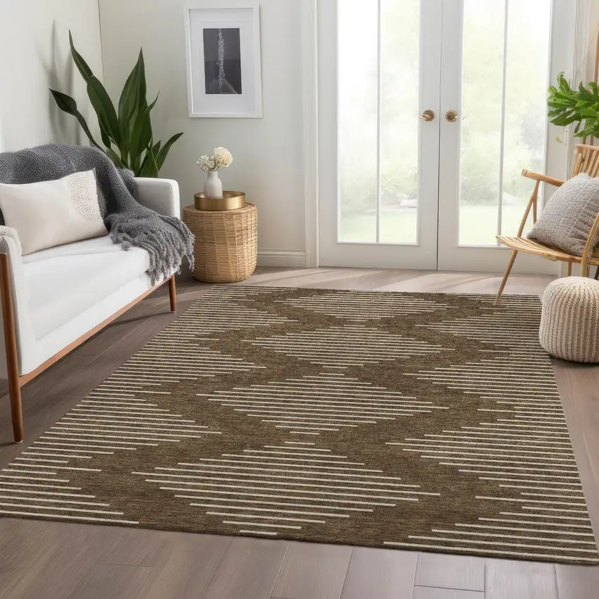 Brown And Beige Geometric Washable Area Rug With UV Protection Photo 5