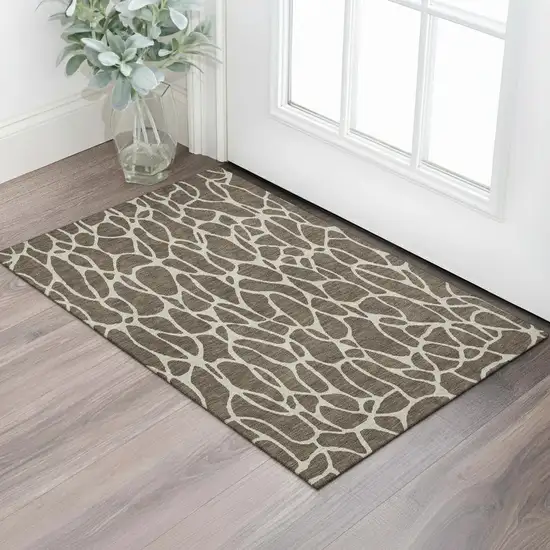 Brown And Beige Geometric Washable Area Rug With UV Protection Photo 2