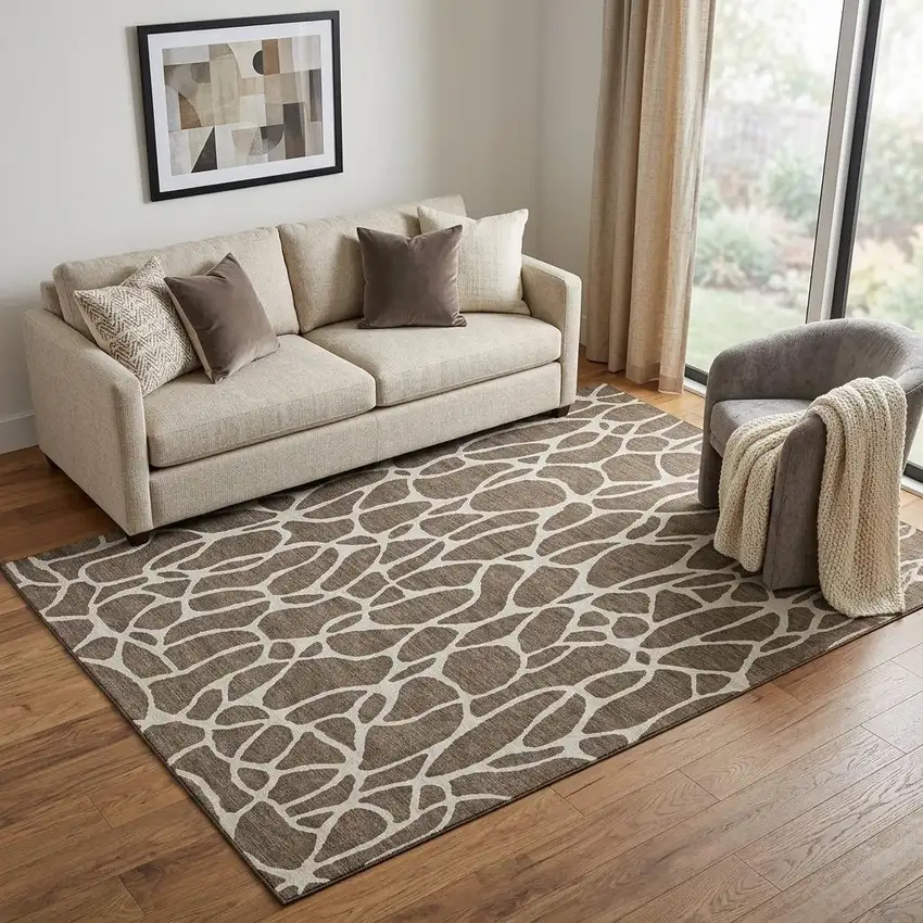 Brown And Beige Geometric Washable Area Rug With UV Protection Photo 1