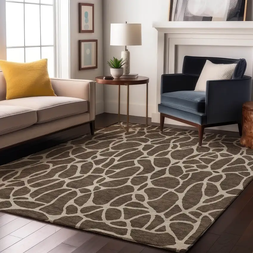 Brown And Beige Geometric Washable Area Rug With UV Protection Photo 4