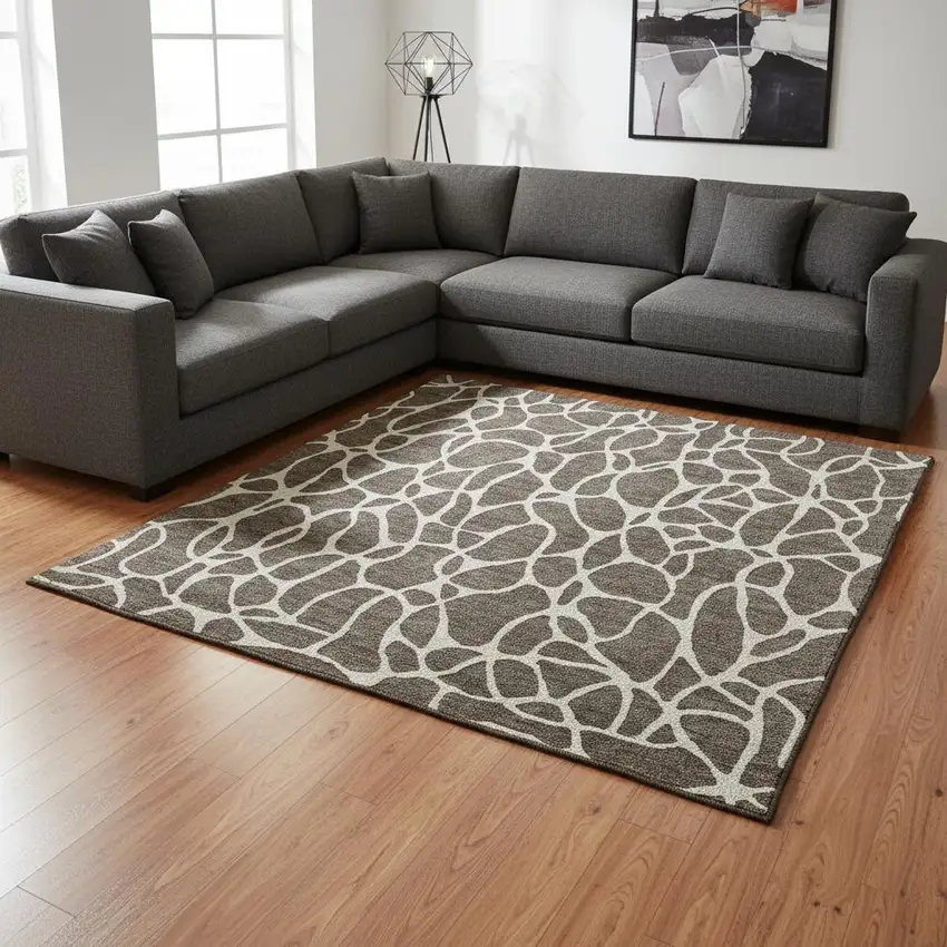 Brown And Beige Geometric Washable Area Rug With UV Protection Photo 2
