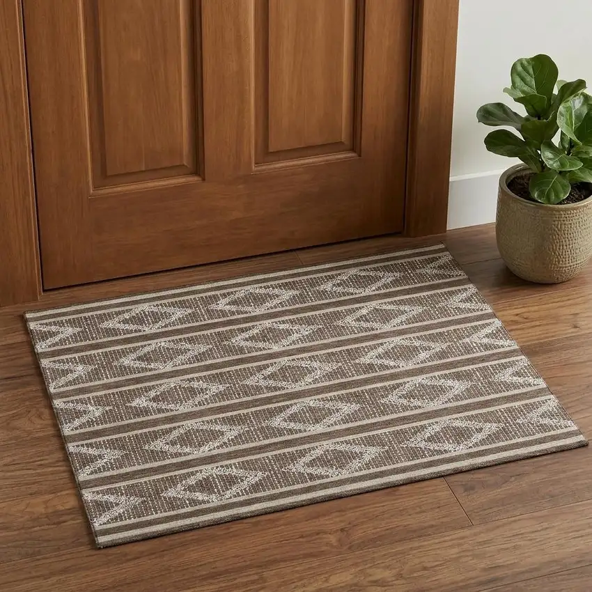 Brown And Beige Geometric Washable Area Rug With UV Protection Photo 1