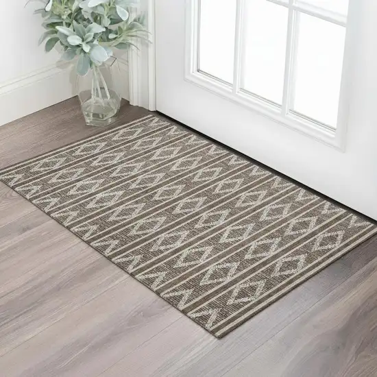 Brown And Beige Geometric Washable Area Rug With UV Protection Photo 2