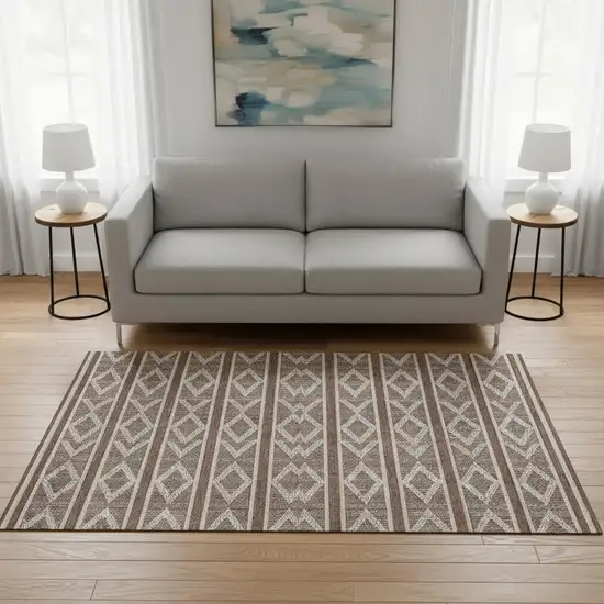 Brown And Beige Geometric Washable Area Rug With UV Protection Photo 2