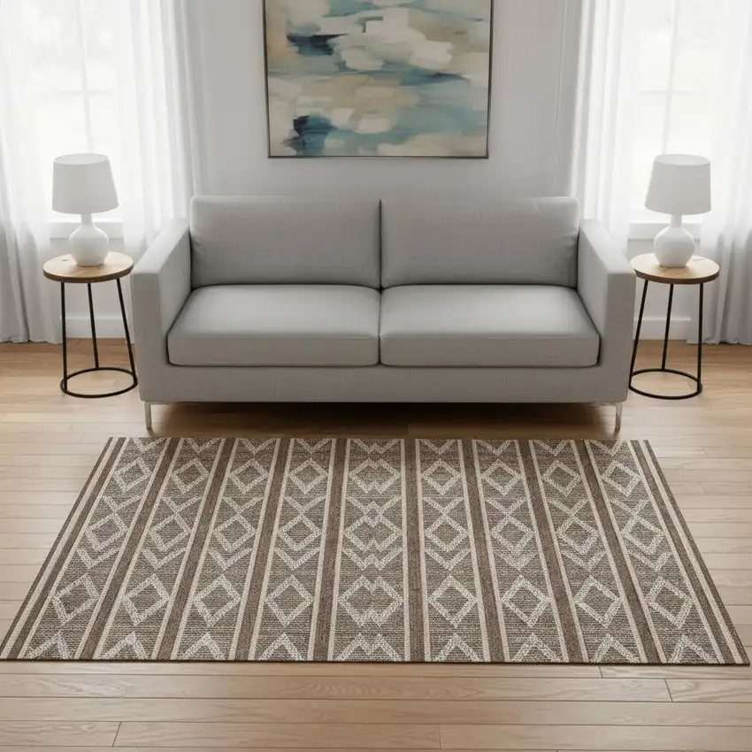 Brown And Beige Geometric Washable Area Rug With UV Protection Photo 2
