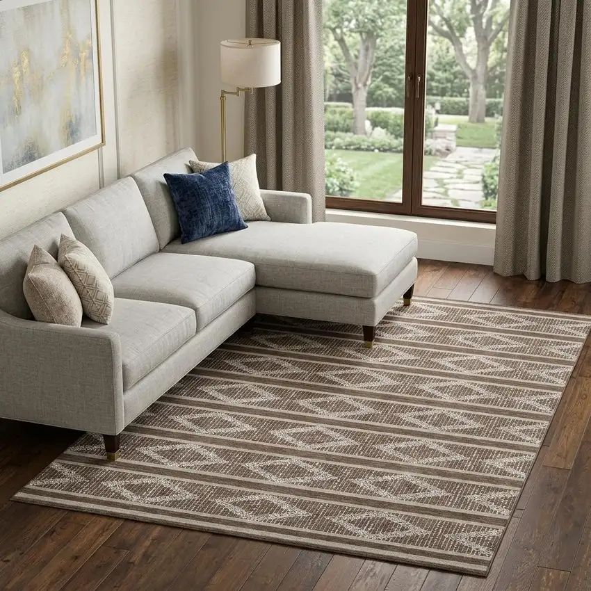 Brown And Beige Geometric Washable Area Rug With UV Protection Photo 1