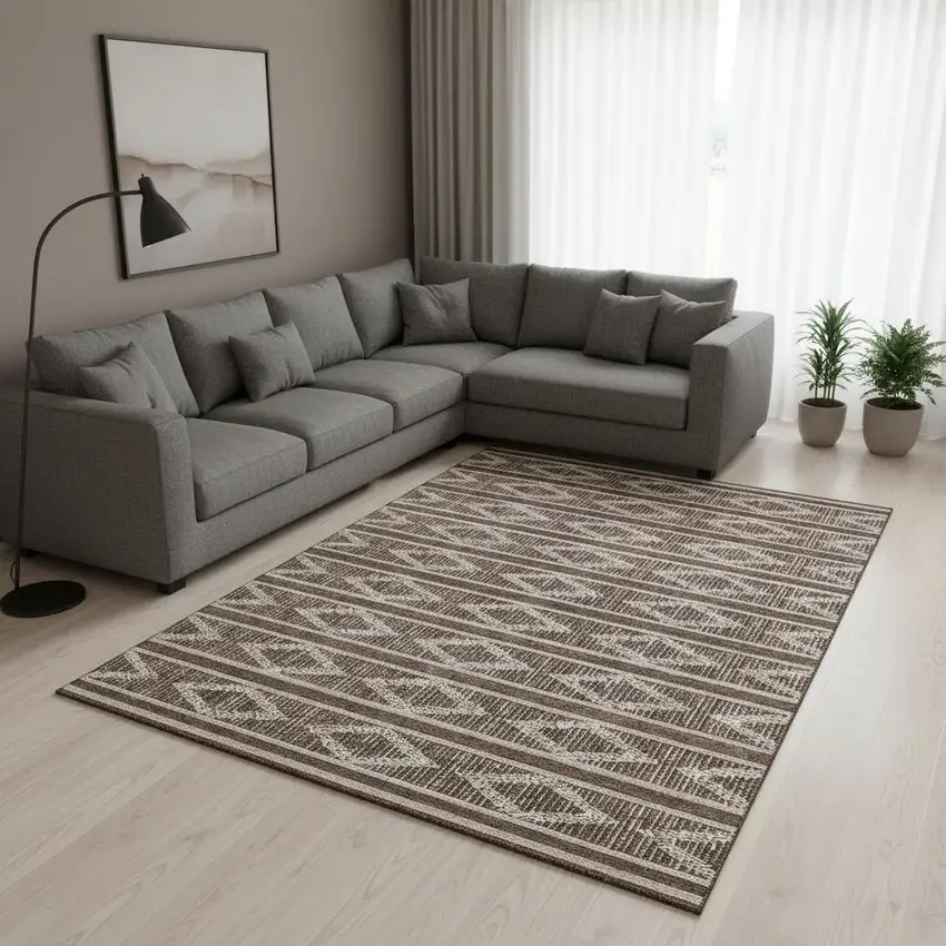Brown And Beige Geometric Washable Area Rug With UV Protection Photo 2